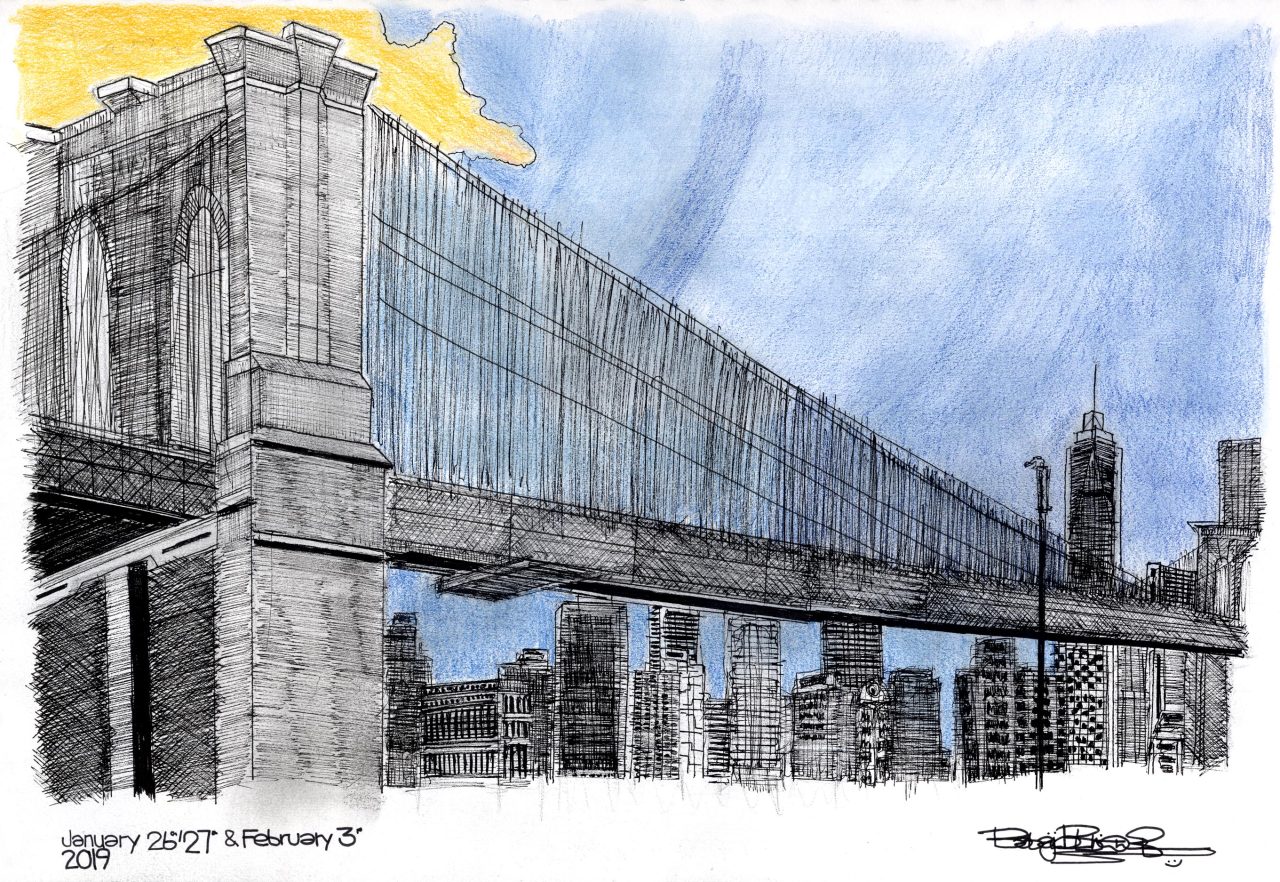Coloured pencil drawing of a suspension bridge.