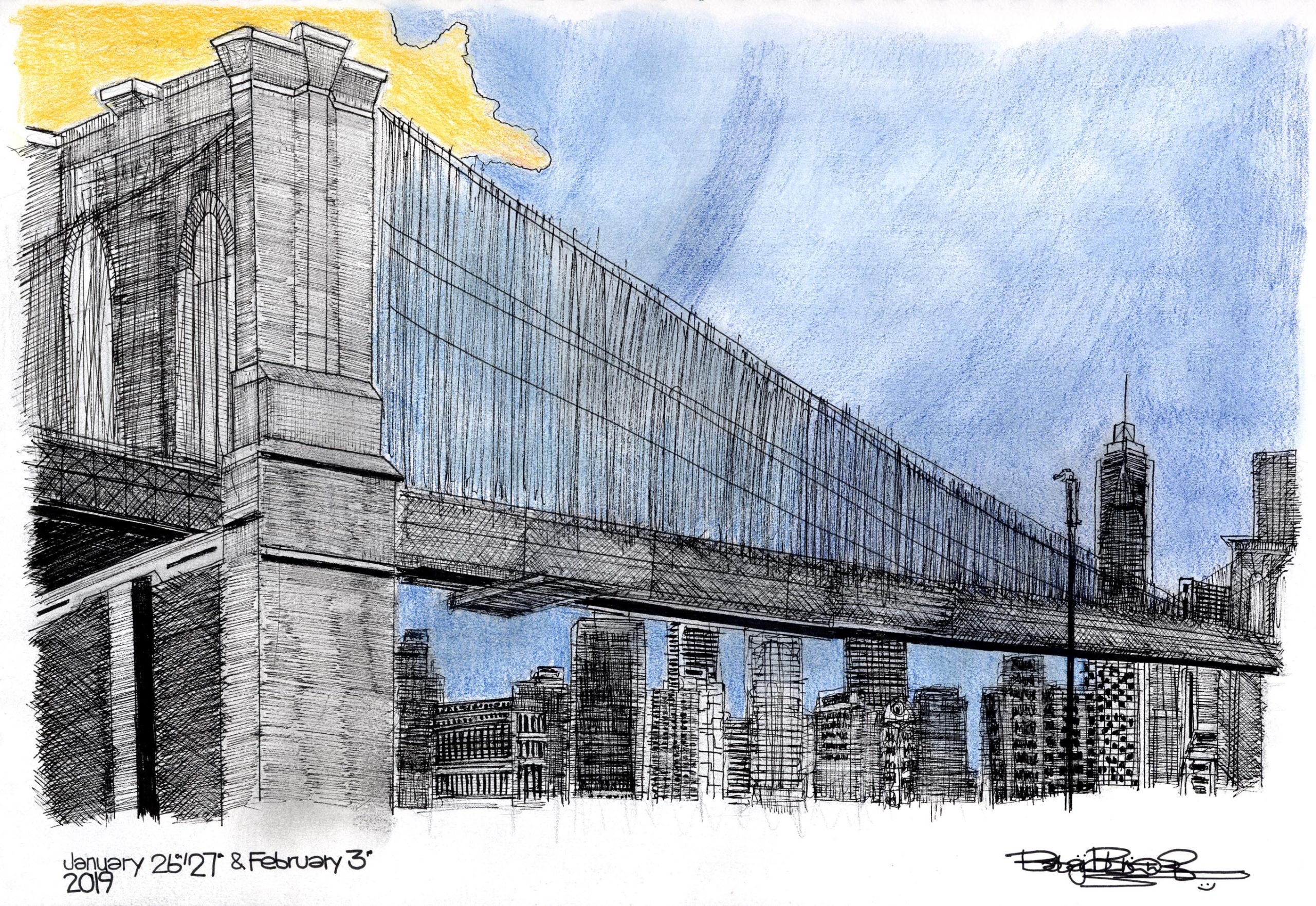 Coloured pencil drawing of a suspension bridge.