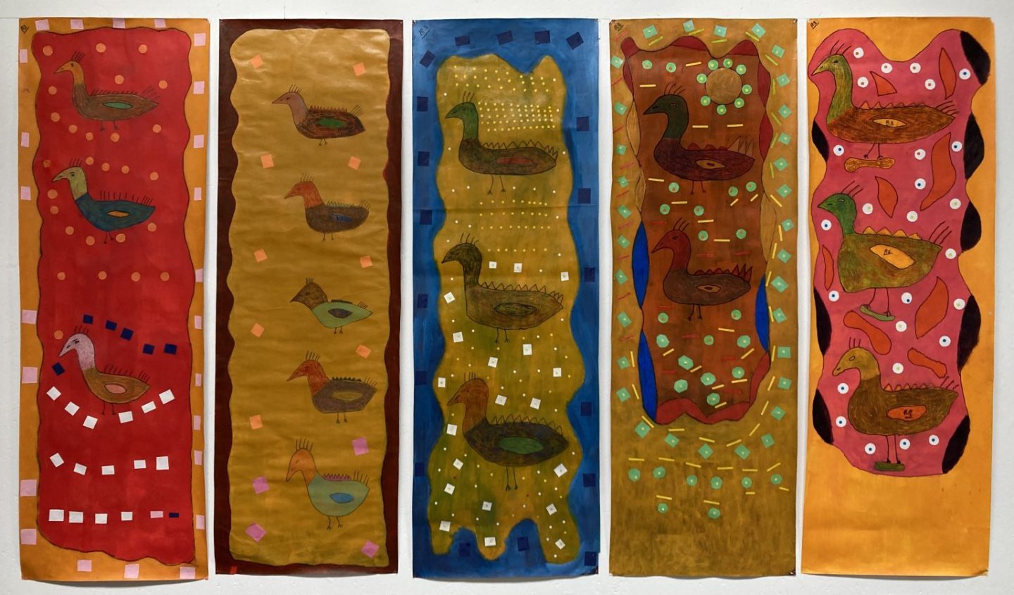 Five long paintings of ducks