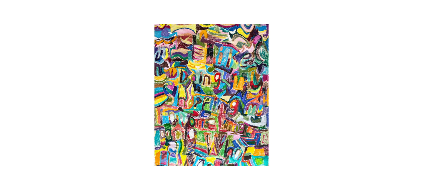 A painting by Sharon Adokorach with writing that says "I love doing my shopping. My favourite thing is doing what I want"