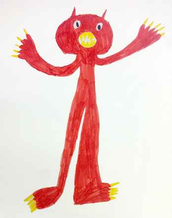 A red monster with yellow claws and teeth