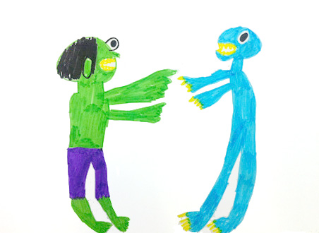 a green figure in purple shorts faces a blue monster with yellow claws and teeth