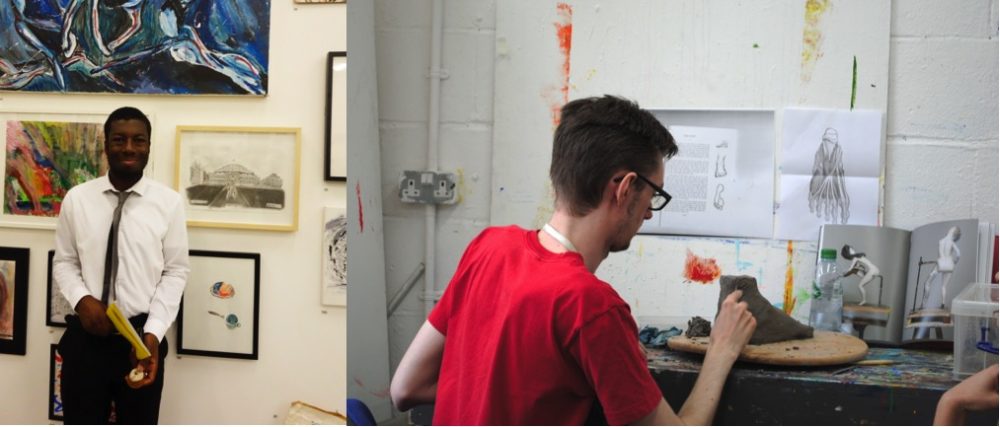 Two photos next to each other, one of Babajide smiling at the camera with his art framed behind him, another of Bert with his back to the camera working on a sculpture.