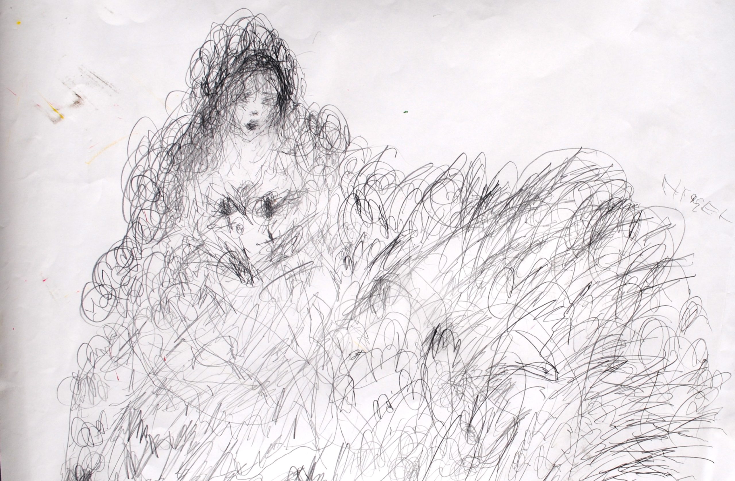A whimsical pencil drawing of a woman made from short, curled gestural marks.