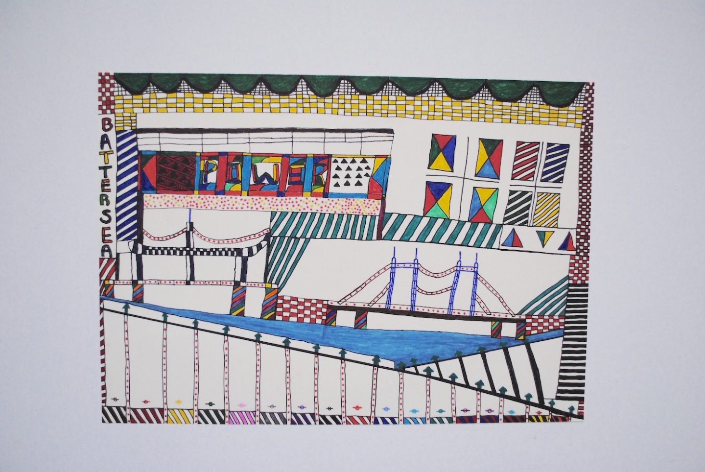An abstract colourful drawing of Battersea Park.