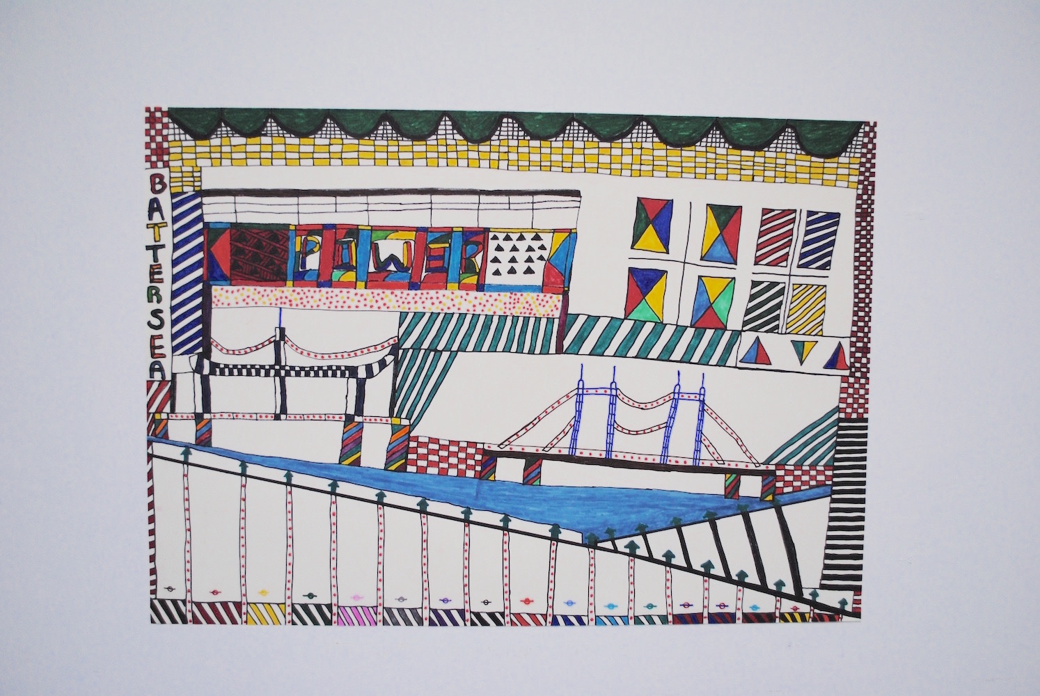 An abstract colourful drawing of Battersea Park.