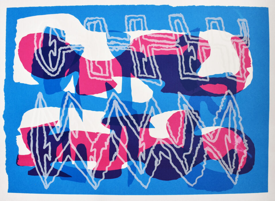 Sharon's print, which shows abstract shapes in blue, pink and white.