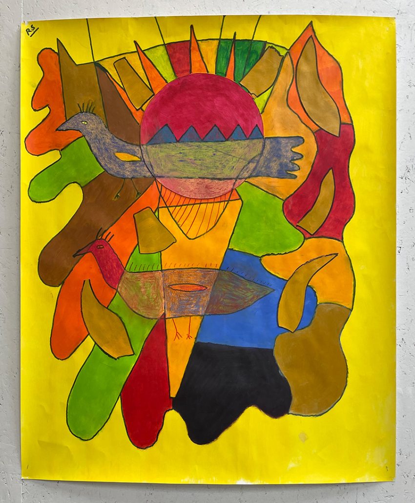 2 Birds, 2024, acrylic, ink, pastel and pen on paper. 84 x 118cm. Image courtesy of the Artist and ActionSpace.