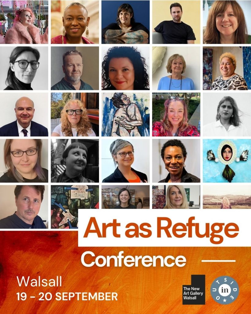 Poster for 'Arts as Refuge' conference in Walsall, showing all the speakers performing there in tiled format.