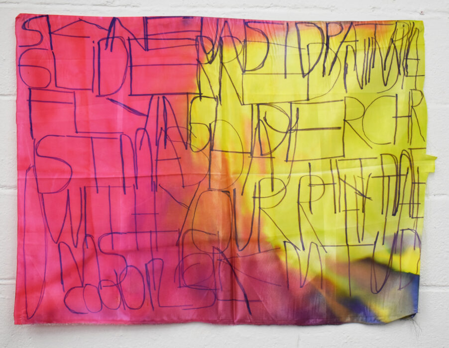 A painting of graphic lettering. The background is a inky pink and yellow.