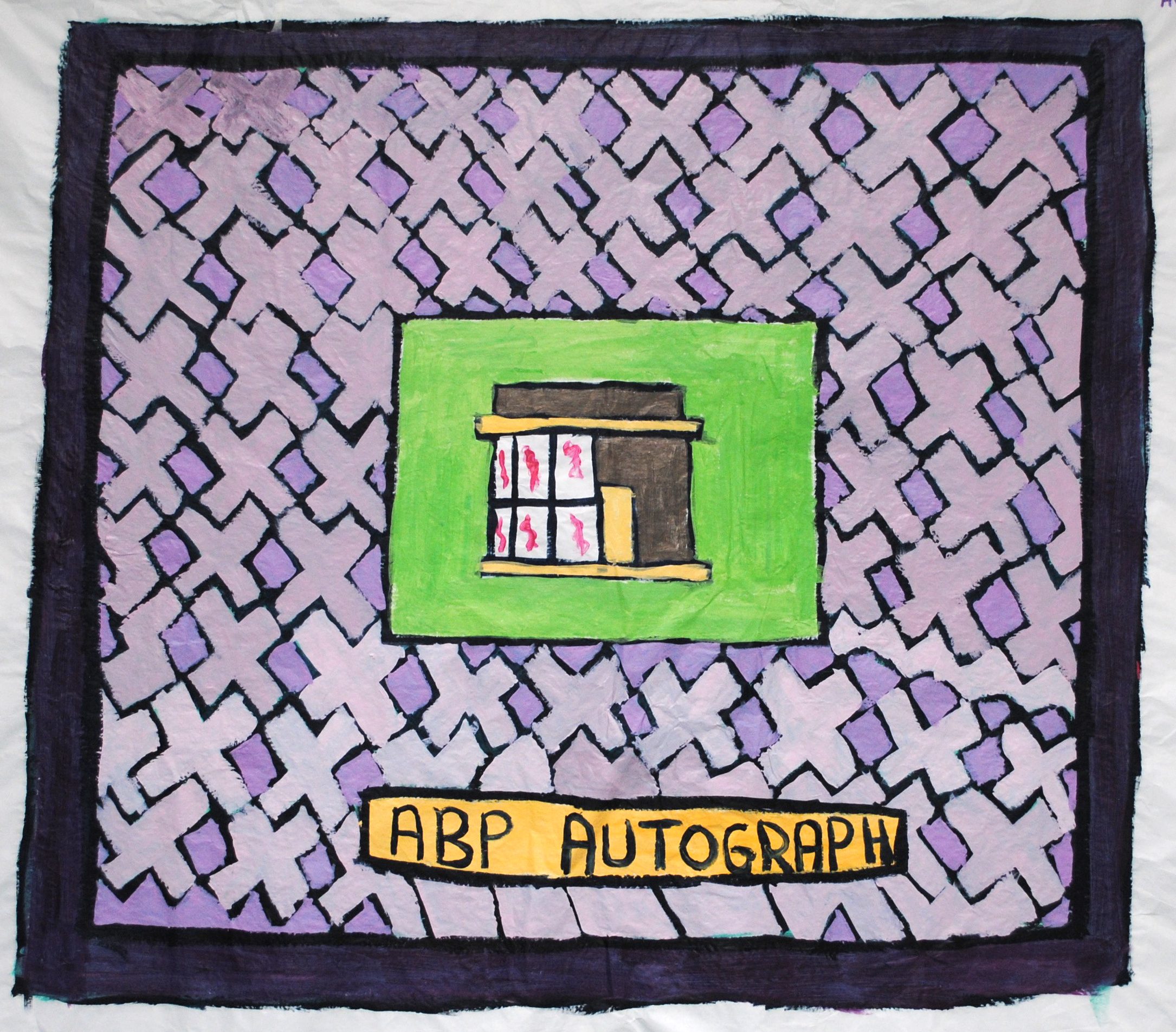 Thompson Hall's work, a purple painting with a green rectangle in the middle, showing a building. It says 'ABP Autograph' in a yellow rectangle underneath.