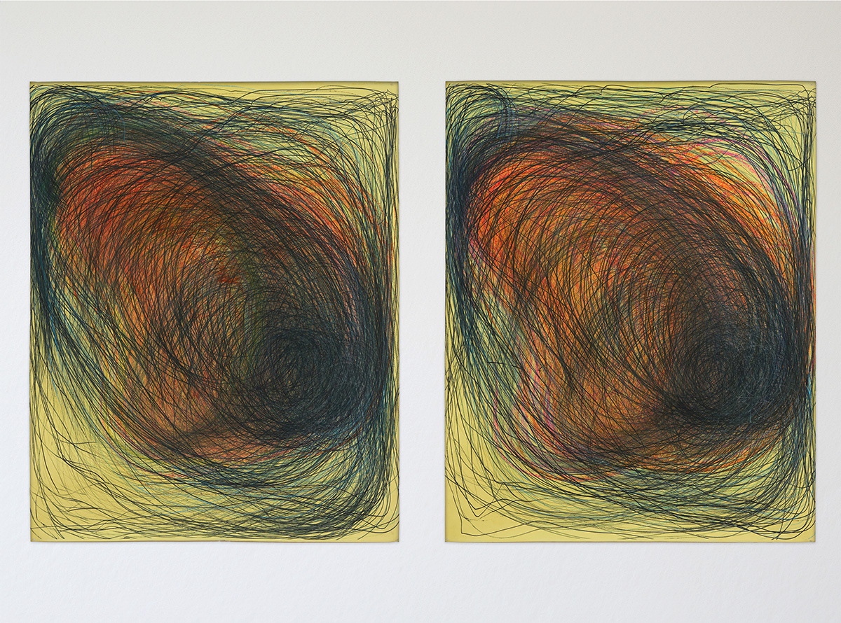 2 of Nnena Kalu's swirling drawings, drawn on yellow paper
