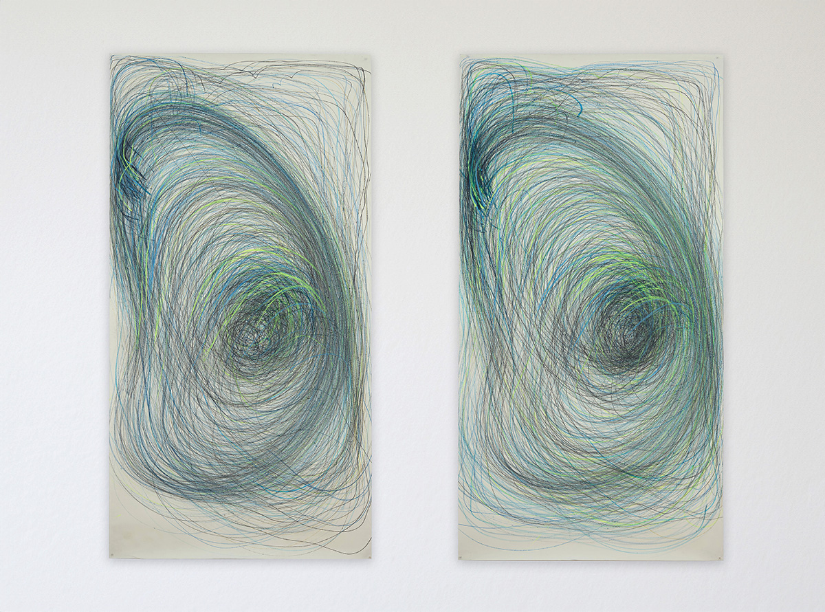 Nnena Kalu, Drawing 21, 2021, graphite, chalk pen and pen on paper, two parts, each: 198 x 101 cm.
