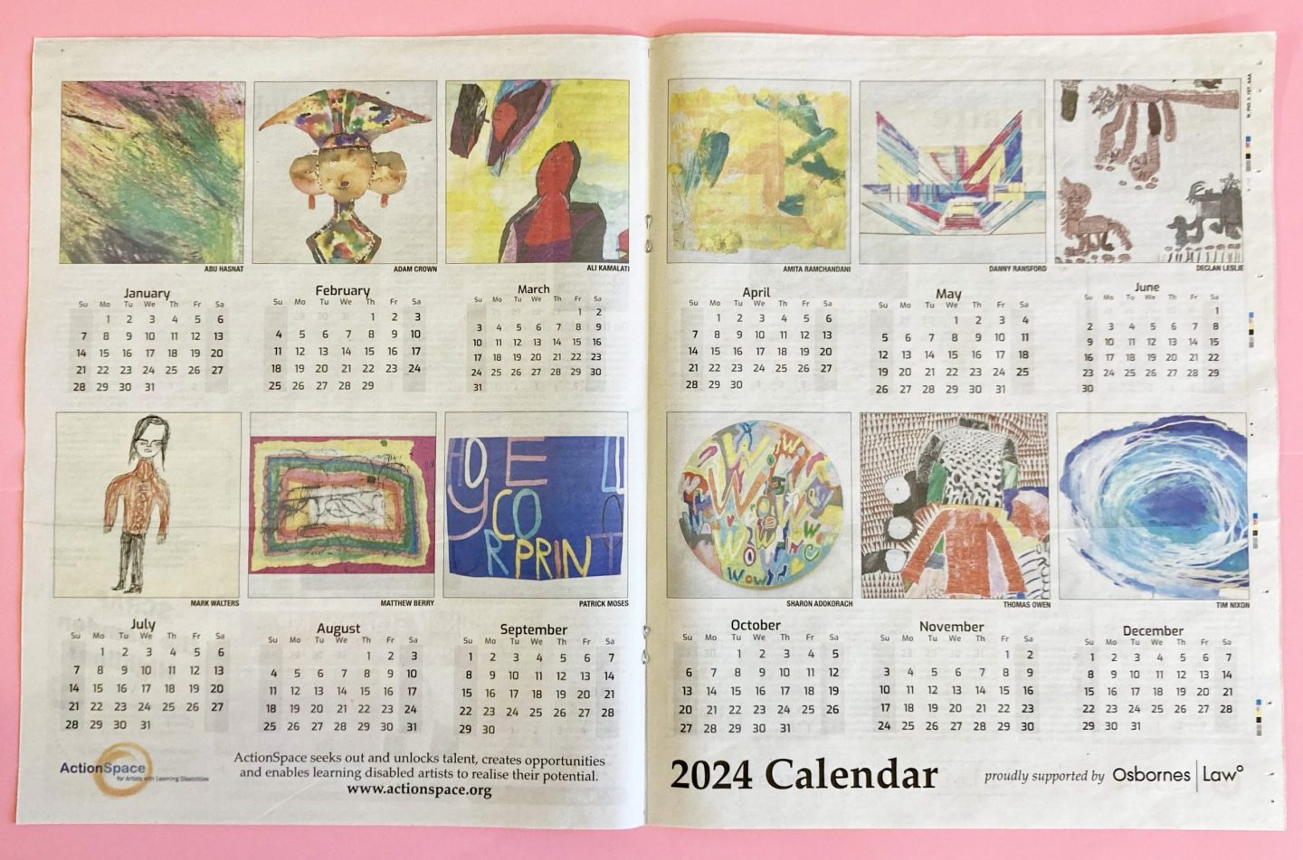 A 2024 calendar with different works by ActionSpace artists.