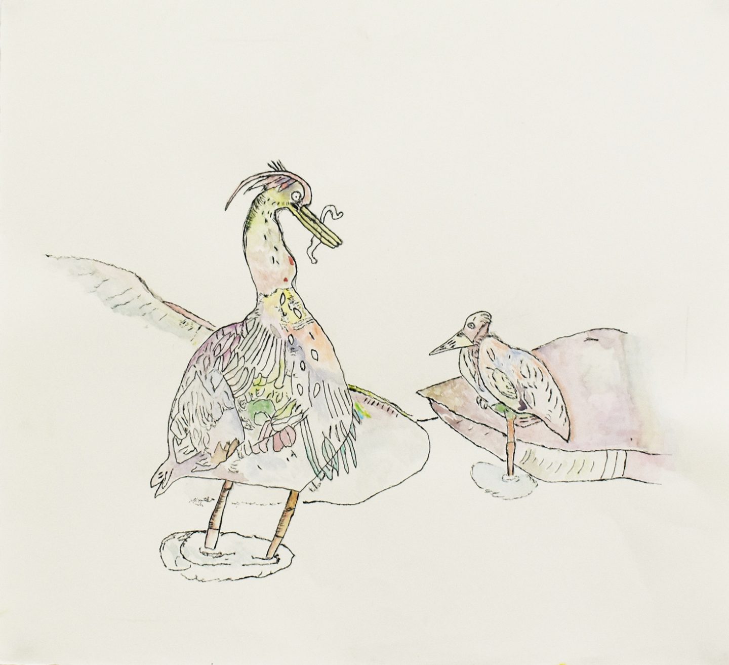 Adam Crown's artwork of two birds. One is smaller and in the distance, and one is closer to the viewer with a worm in its mouth. They are drawn with fine liner and painted with soft watercolours.