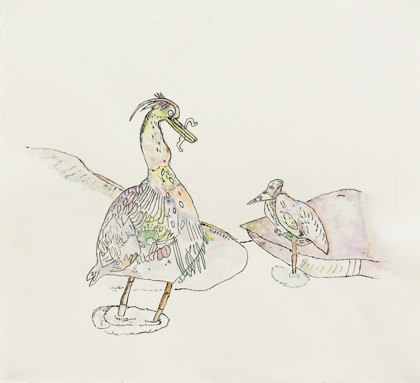 Adam Crown's artwork of two birds. One is smaller and in the distance, and one is closer to the viewer with a worm in its mouth. They are drawn with fine liner and painted with soft watercolours.