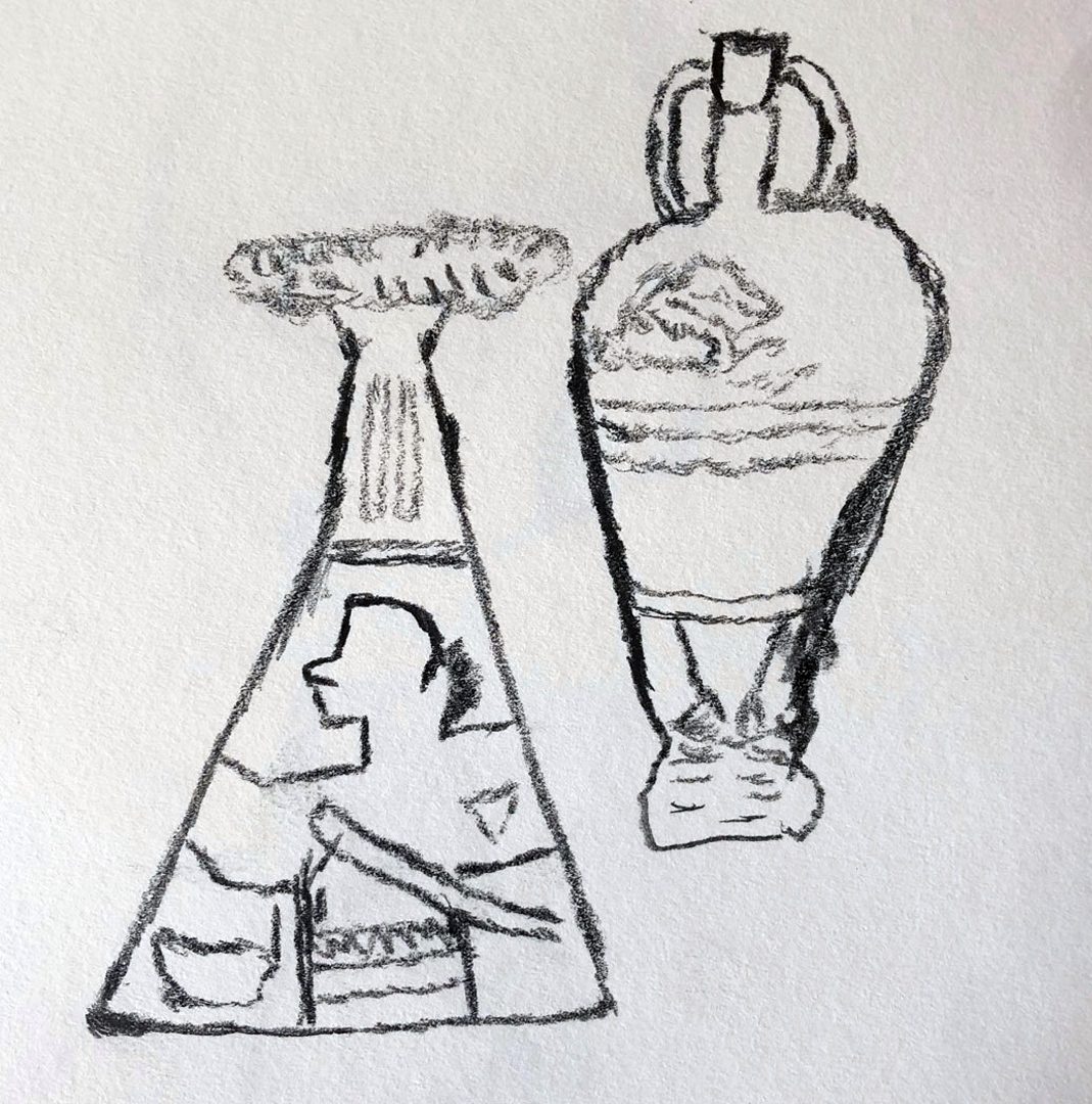 A charcoal drawing of two ceramic vase artefacts.