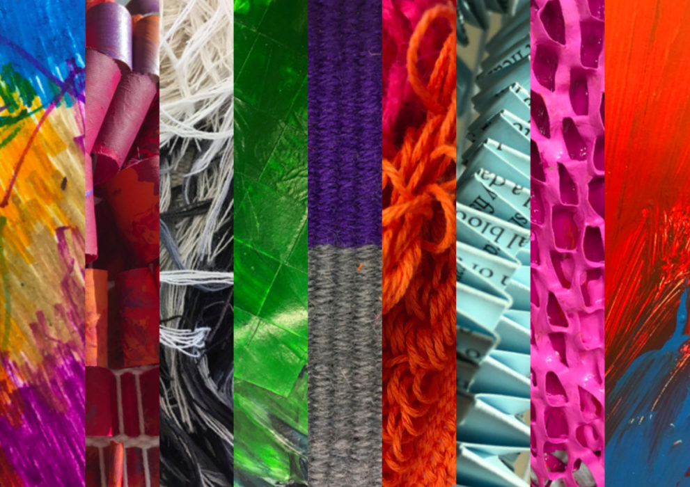 A close detail of Philippa's artwork- different strips of colourful fabrics and materials are shown.
