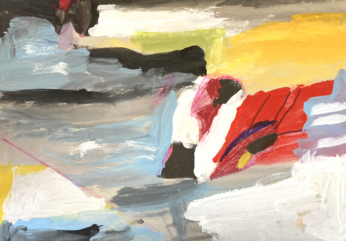 An abract painting with bright hues cutting through grey.