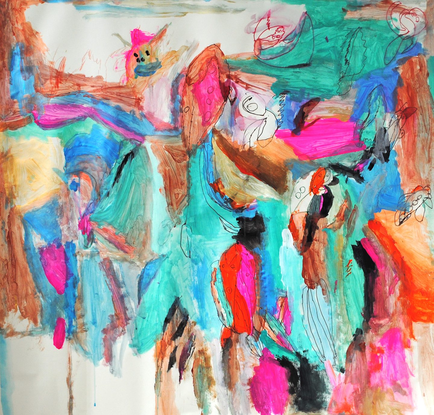 An abstract painting with bright hues and earth tones that has black and red line illustrative figures drawn in pen emerging from the colours.