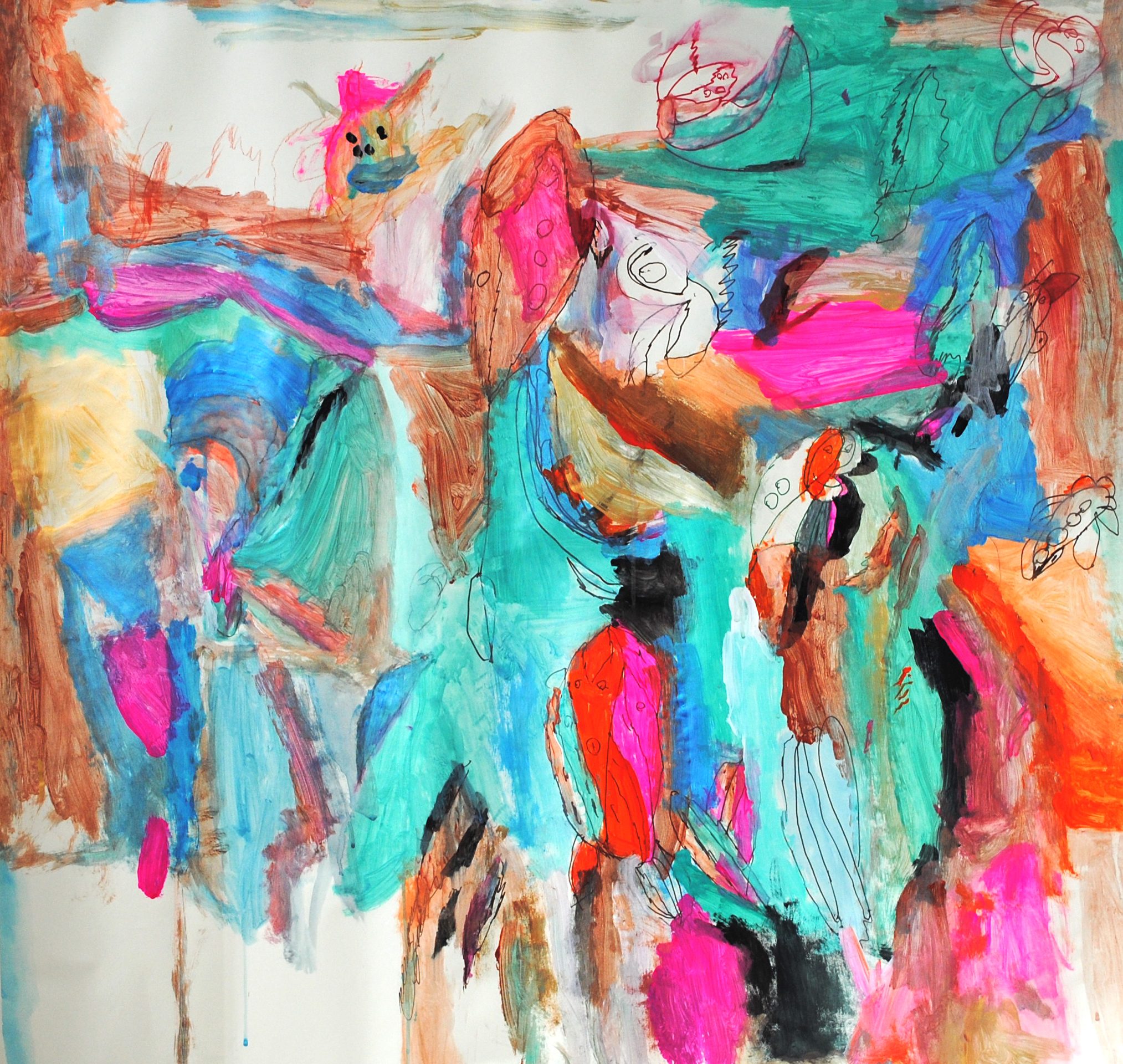 An abstract painting with bright hues and earth tones that has black and red line illustrative figures drawn in pen emerging from the colours.