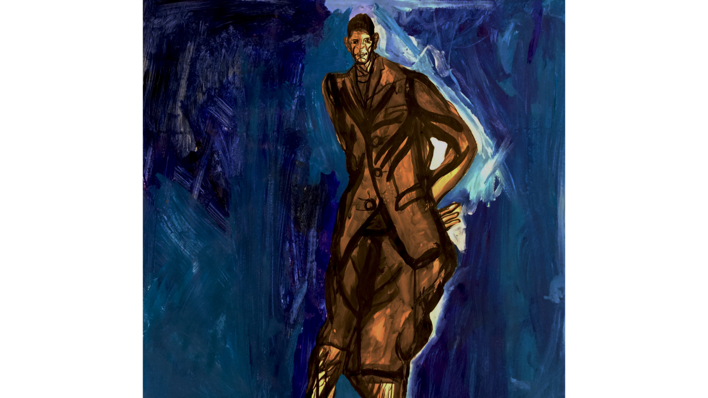 A painting of a man wearing a brown suit on a dark blue wash background.