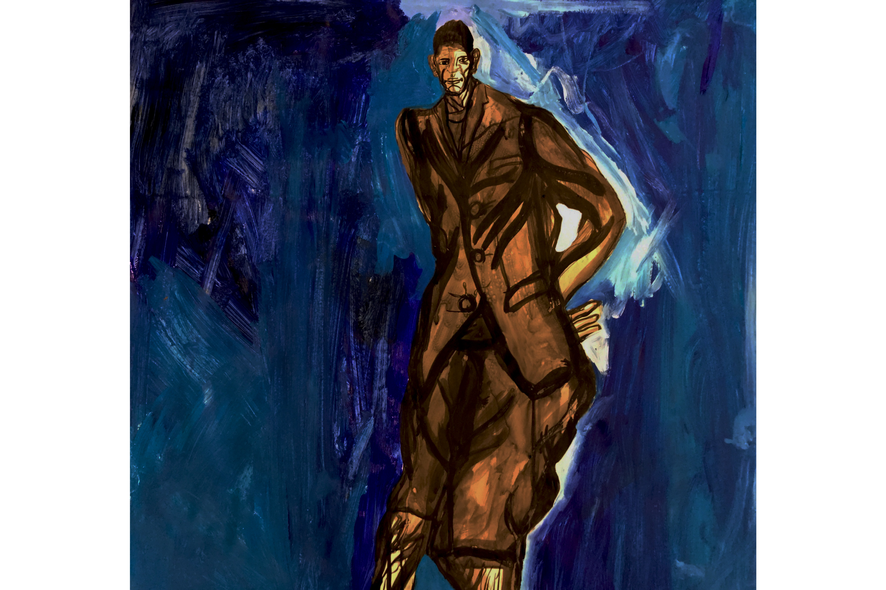 A painting of a man wearing a brown suit on a dark blue wash background.