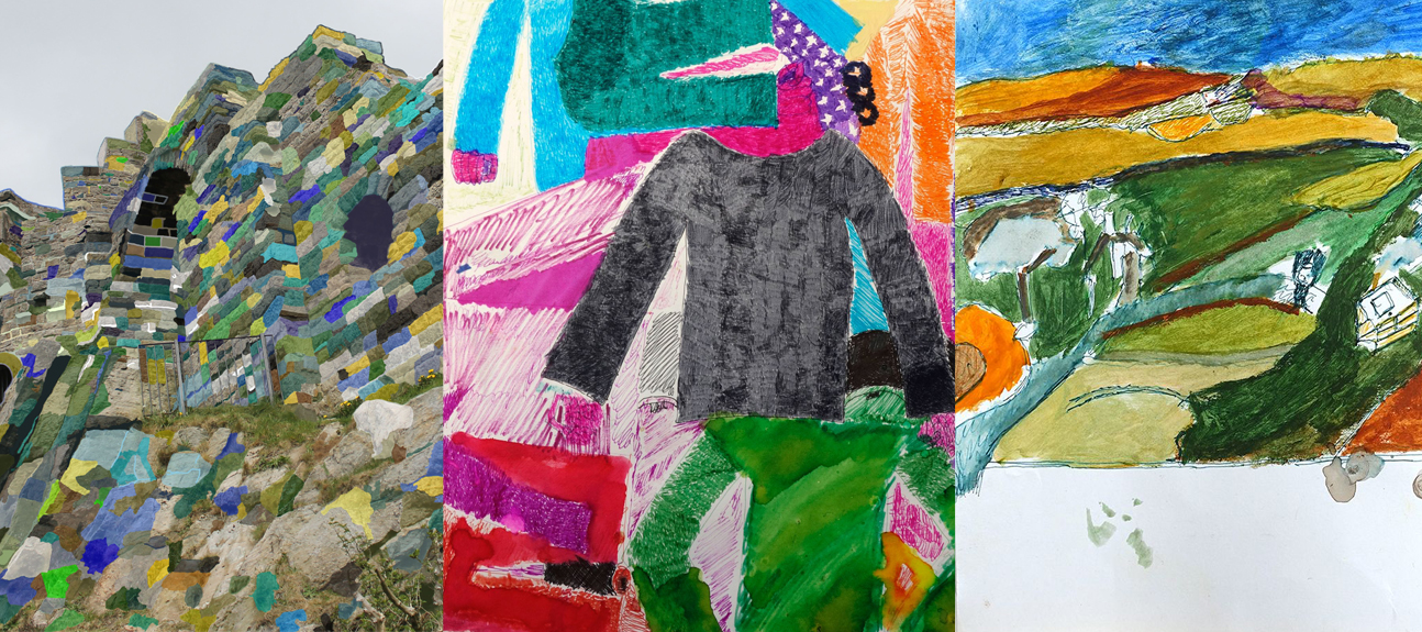 Three photos of artworks by Thomas Owen collaged together.