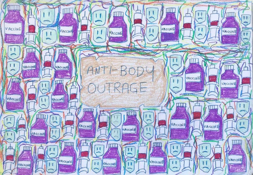 Thompson Hall artwork. It is a pencil drawing, showing prescription bottles, and says 'antibody outrage'.
