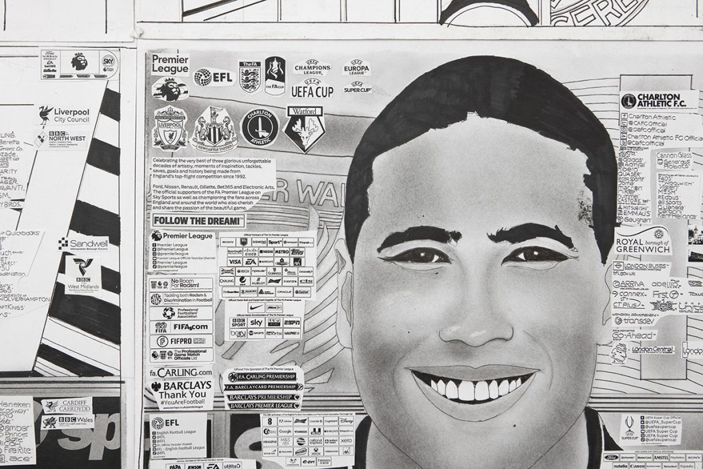 Babajide Brian's artwork, a pencil drawing of a smiling footballer.