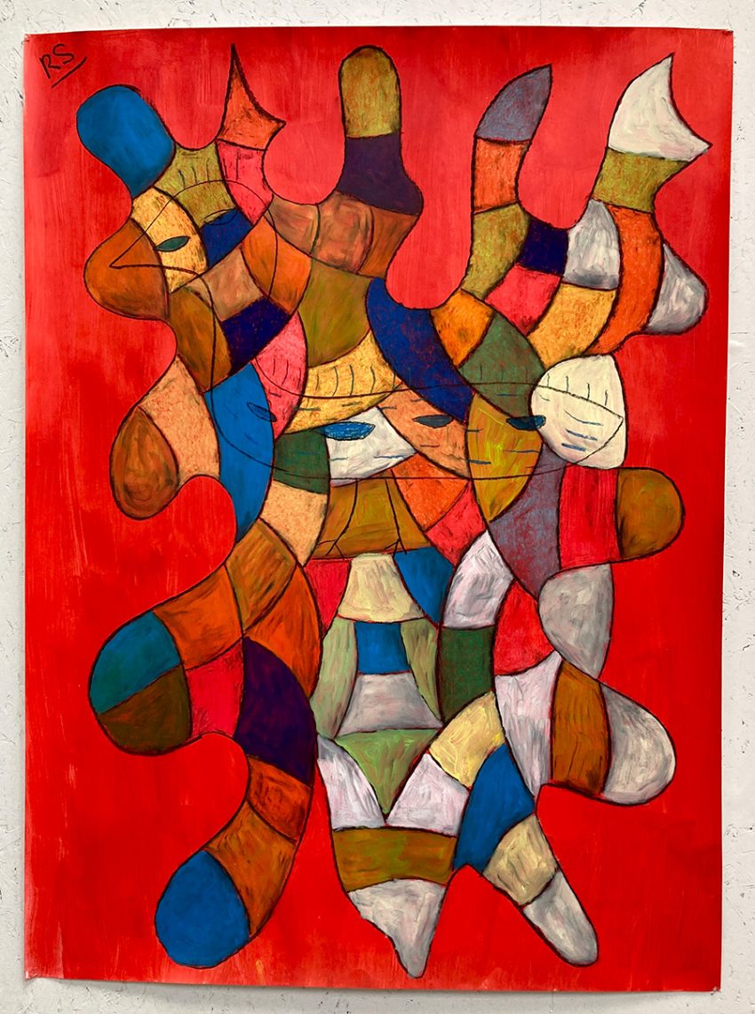 Bird With Shapes, 2024, acrylic, ink, soft pastel and pen on paper. 84 x 118cm. Image courtesy of the Artist and ActionSpace.