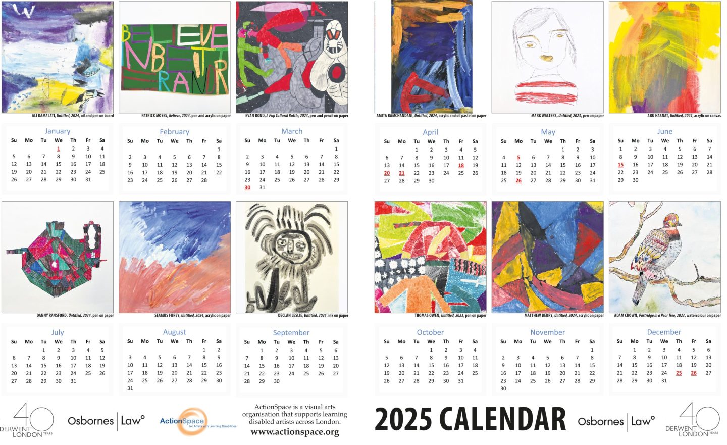 A calendar featuring the artworks of ActionSpace artists.