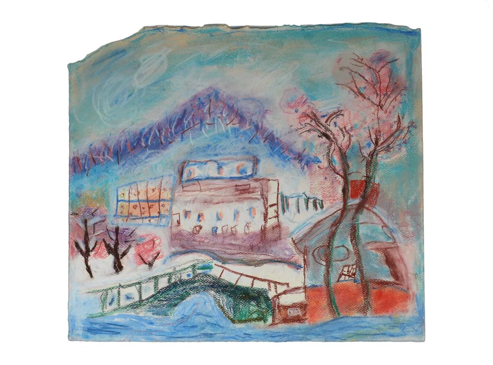A blue and pink pastel landscape of a river on a scrap material with a torn and irregular top.