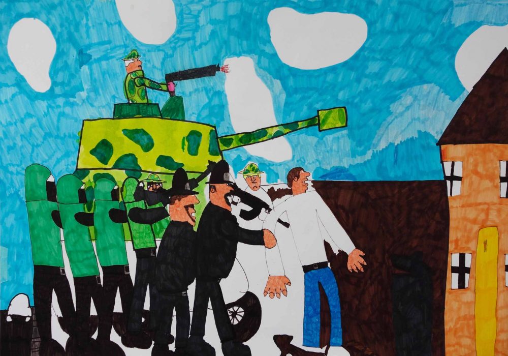 Evan Bond's drawing, showing a soldier in a tank, and 2 police men seeming to arrest someone. Its colourful and done in marker pens.