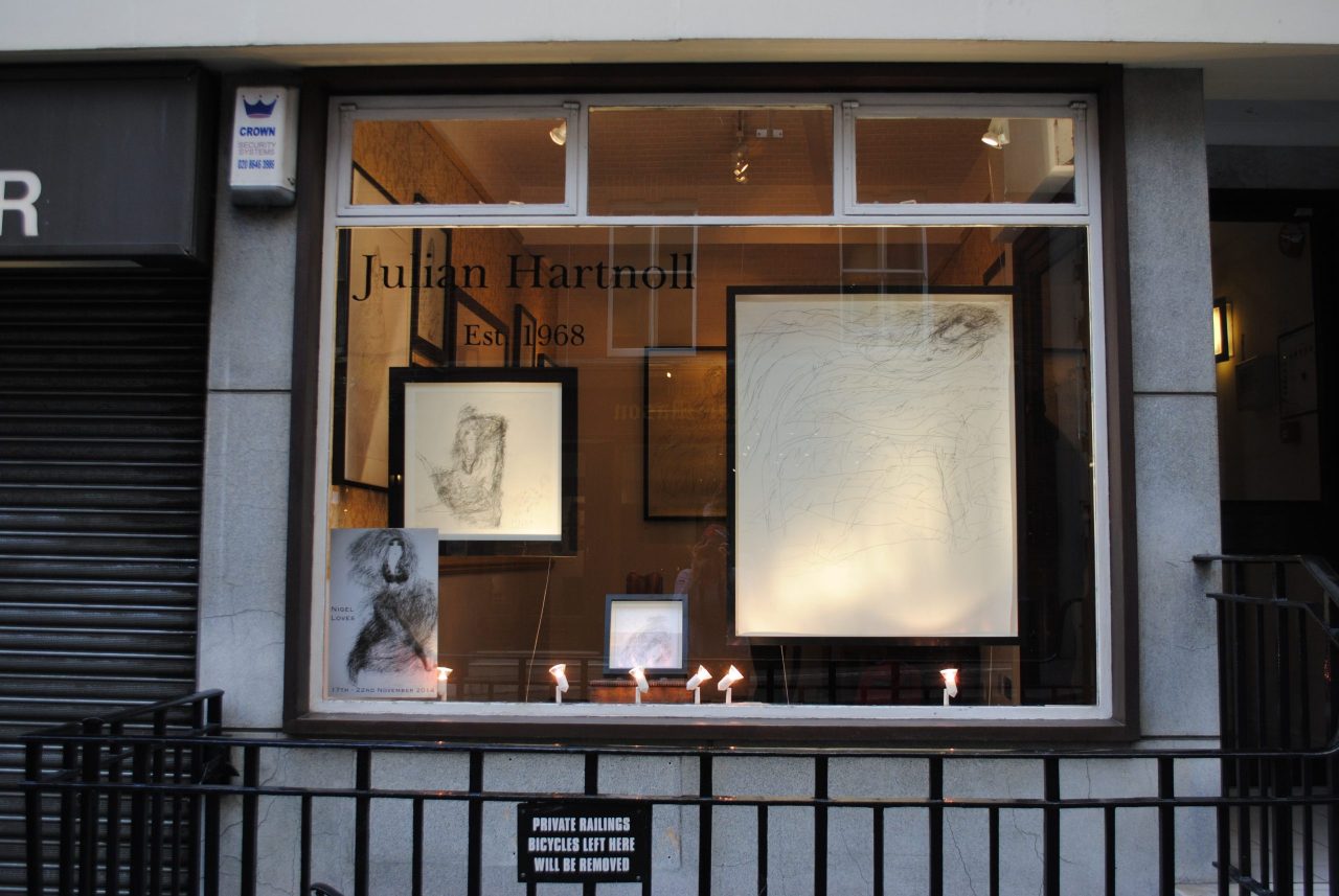 A window view from outside of Julian Hartnoll Gallery of Nigel Kingsbury's work. Image courtesy of the Artist and ActionSpace