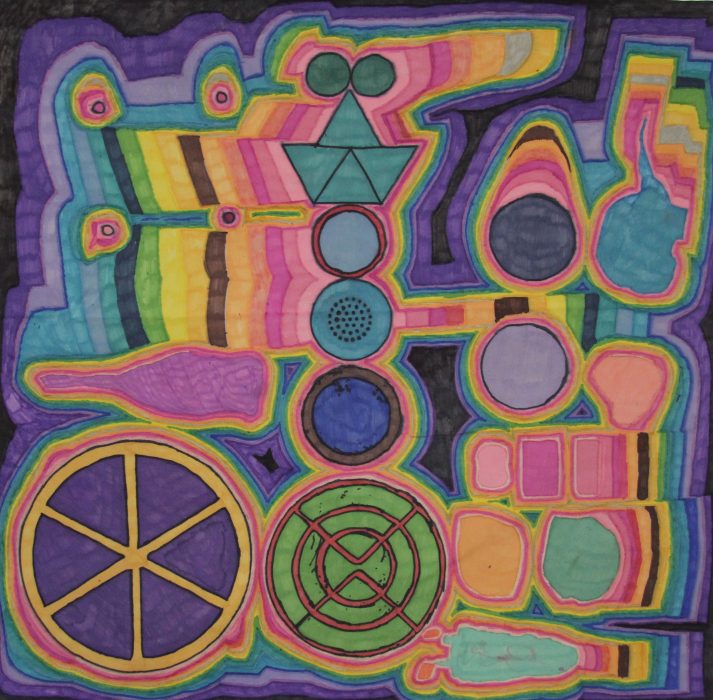 Daniel's artwork, a felt tip drawing on paper. There is a selection of circle and triangular shapes next to each other, coloured in various, stripy colours.
