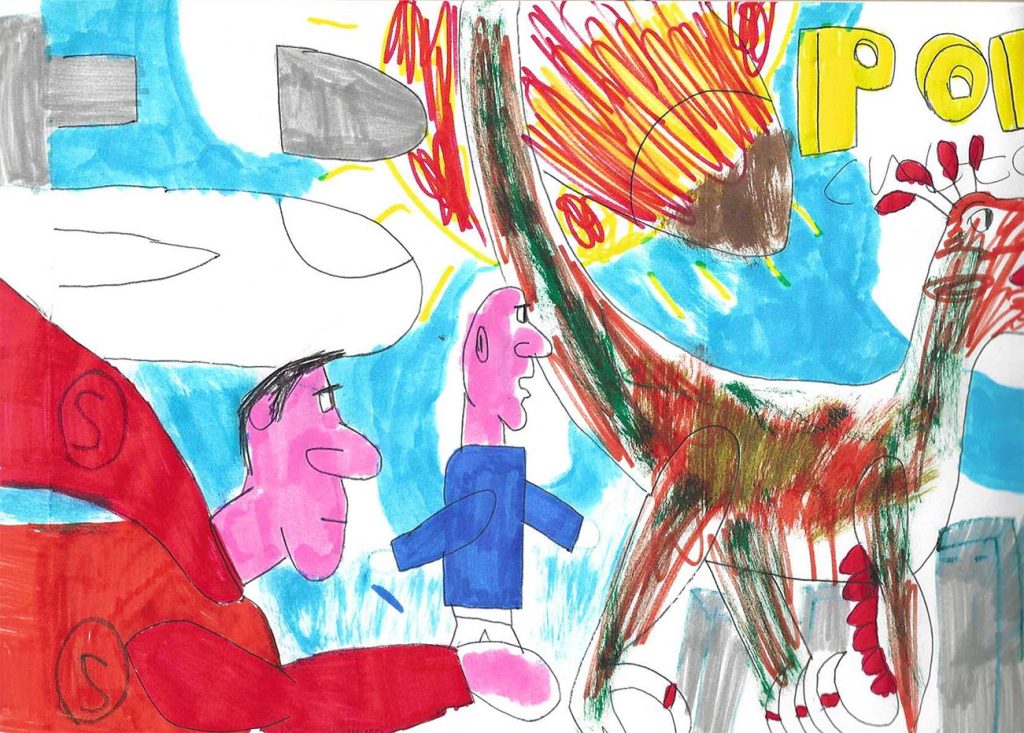 A felt tip, colourful drawing of two men looking at a creature.