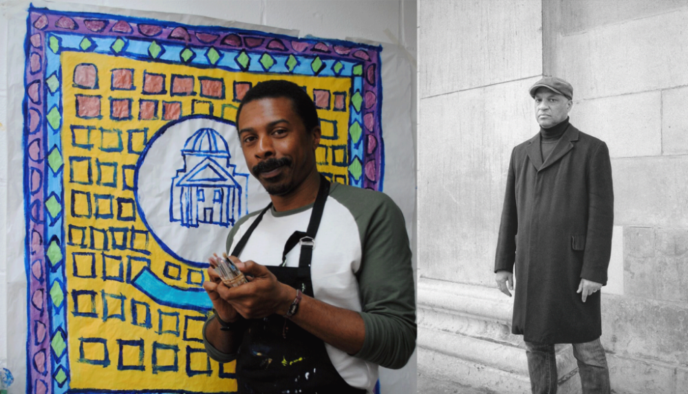 two photos side by side, one of Thompson Hall, the other of Mark Sealy.