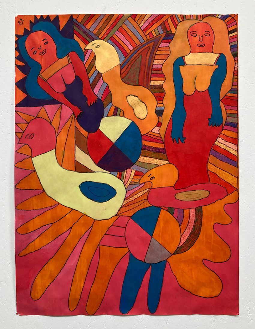 Figures and Shapes, 2025, acrylic, ink, pastel and pen on paper. 84 x 118cm. Image courtesy of the Artist and ActionSpace.