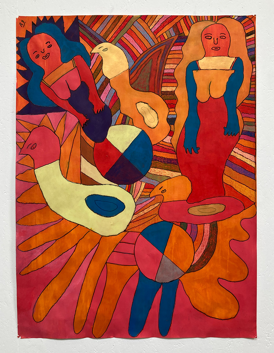 Figures and Shapes, 2025, acrylic, ink, pastel and pen on paper. 84 x 118cm. Image courtesy of the Artist and ActionSpace.