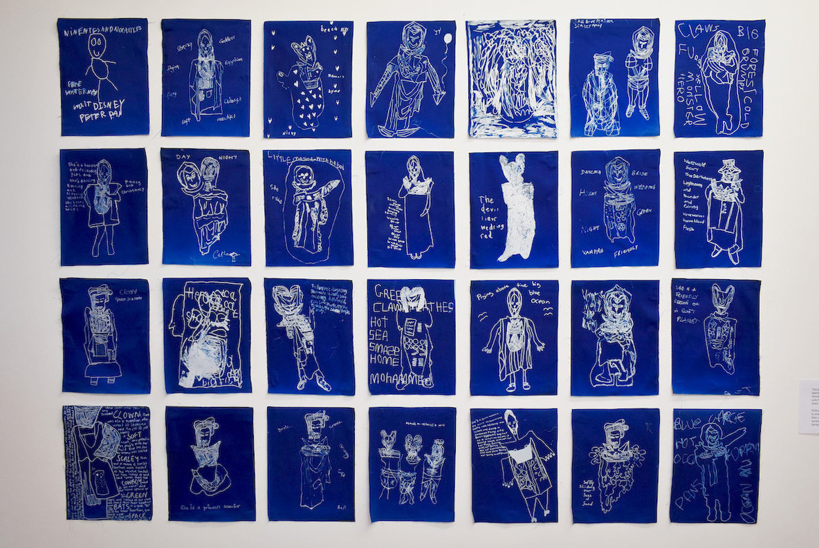A series of 28 dark blue A4 paper with white ink drawings on them in the style of Ben Allen.