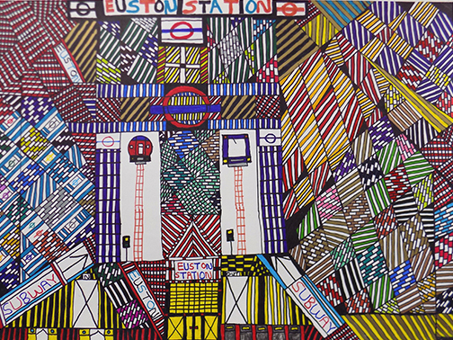A colourful pen drawing of Euston Station with grid patterns.
