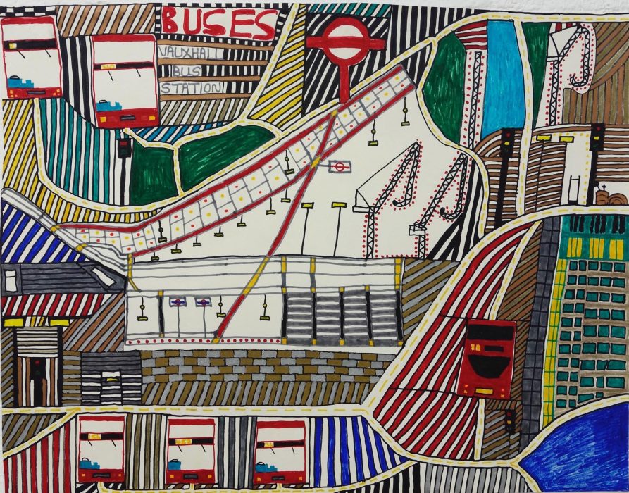 Ian Wornast's artwork of Vauxhall Bus station. It is a colourful piece done in marker pen, with lots of detail and patterns.