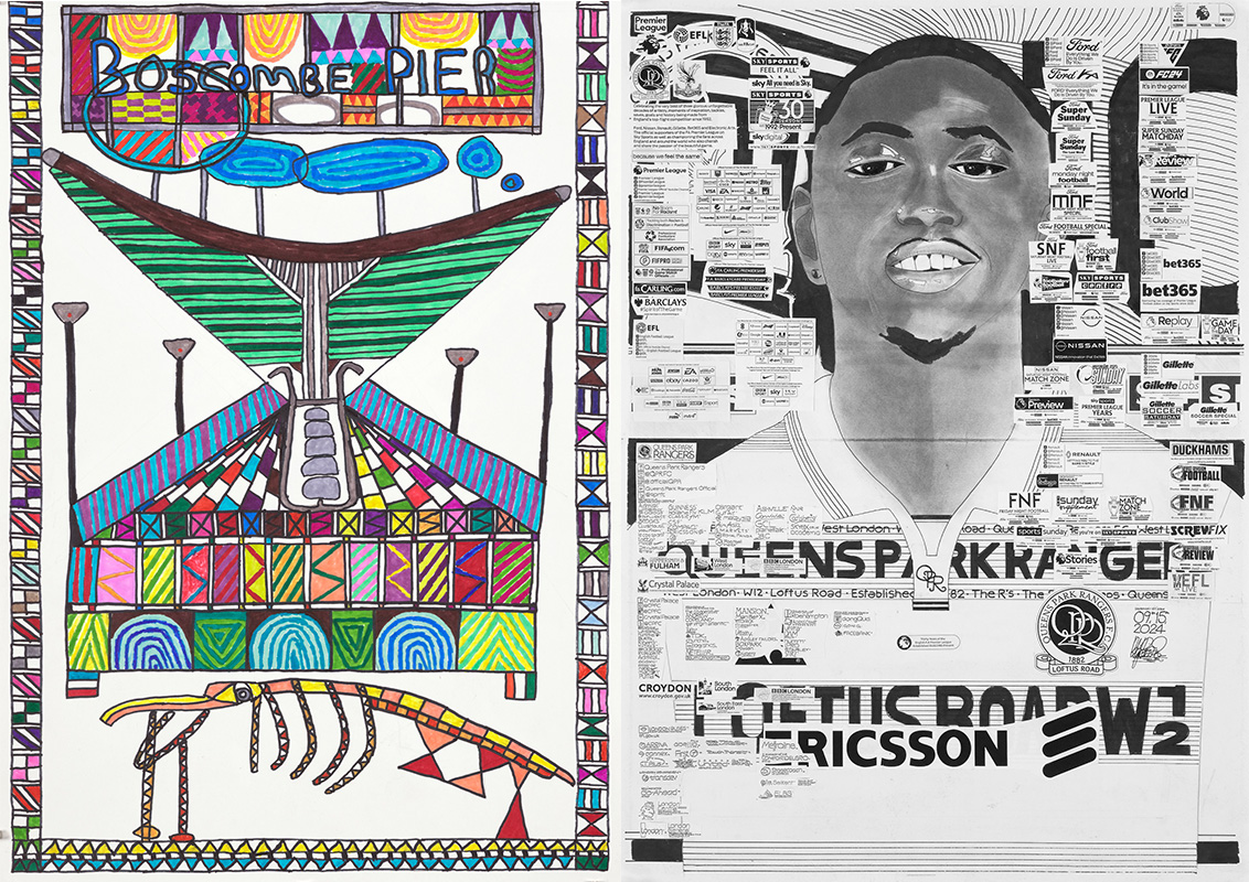 Two artworks laid out next to each other. One depicting a colourful, abstract pen drawing of Boscombe Pier, the other, a portrait of a footballer in charcoal with print of football sponsorship logos.