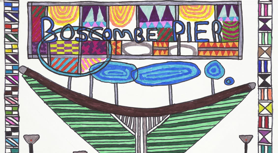 A coloured pen illustration of Boscombe Pier with abstract shapes.