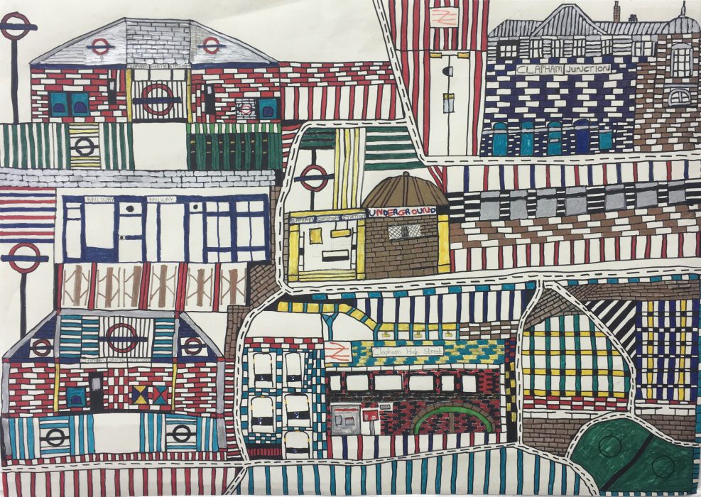 An abstract colourful drawing of Clapham Junction.