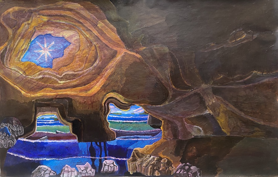 Immanuel's artwork, showing an oil pastel and painted picture of a cave, with the sea inside it and cracks in the cave walls showing the sun shining through.