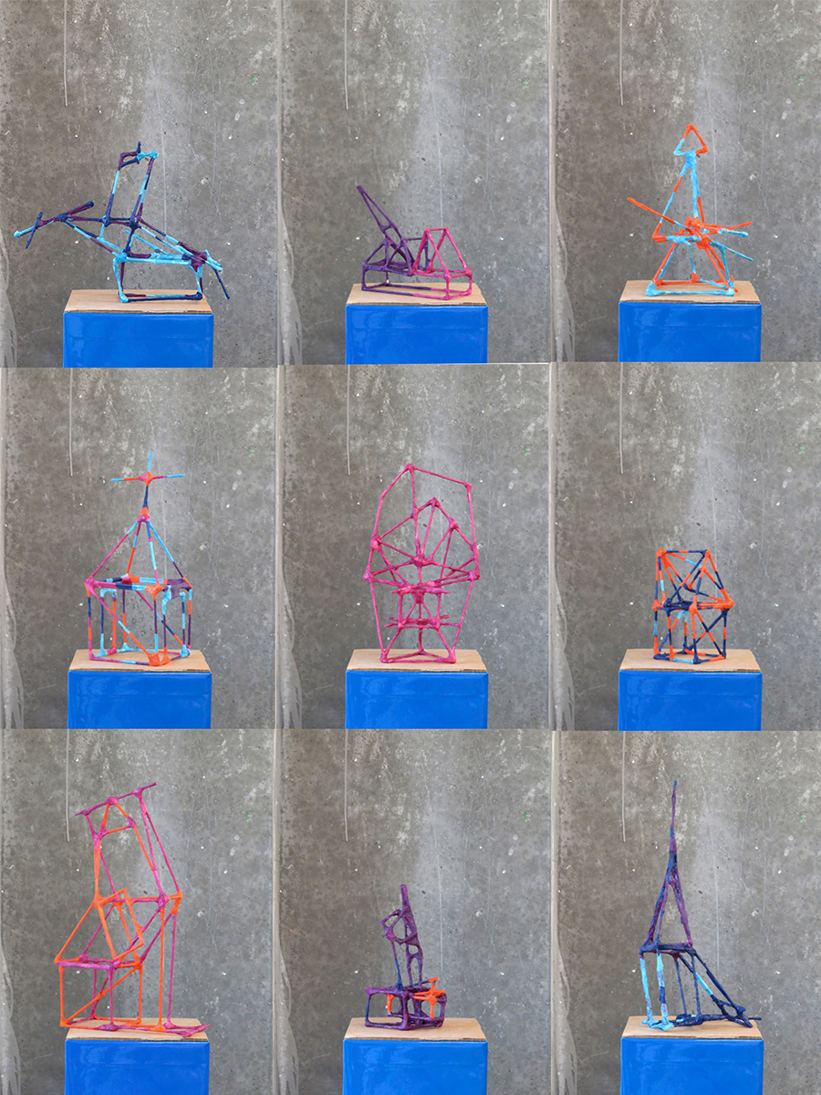 9 sculptural pieces in Abubakar's style, each made of painted rods attached together in a geometric style.