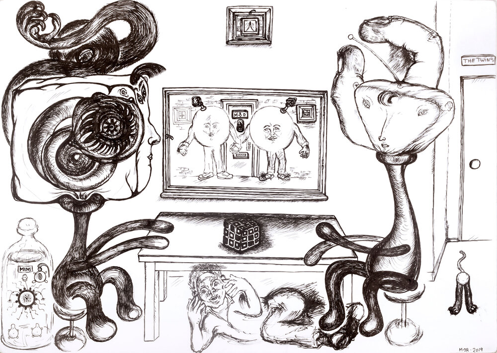 A pen drawing on paper of two surreal figures watching a TV programme starring two other surreal figures. A normal figure hides under a table in fear.
