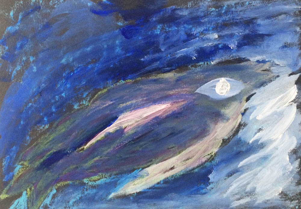 A blue, expressive painting of a spindle shaped bird.